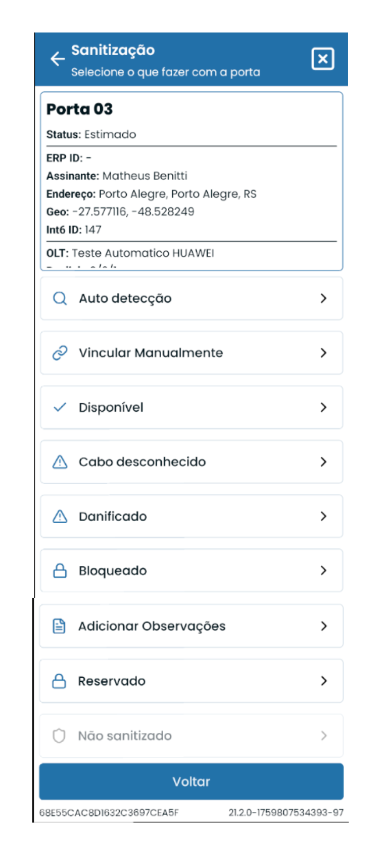 Tela com ações de sanitização disponíveis para a porta