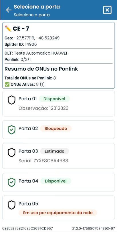 Tela de seleção de porta na CTO