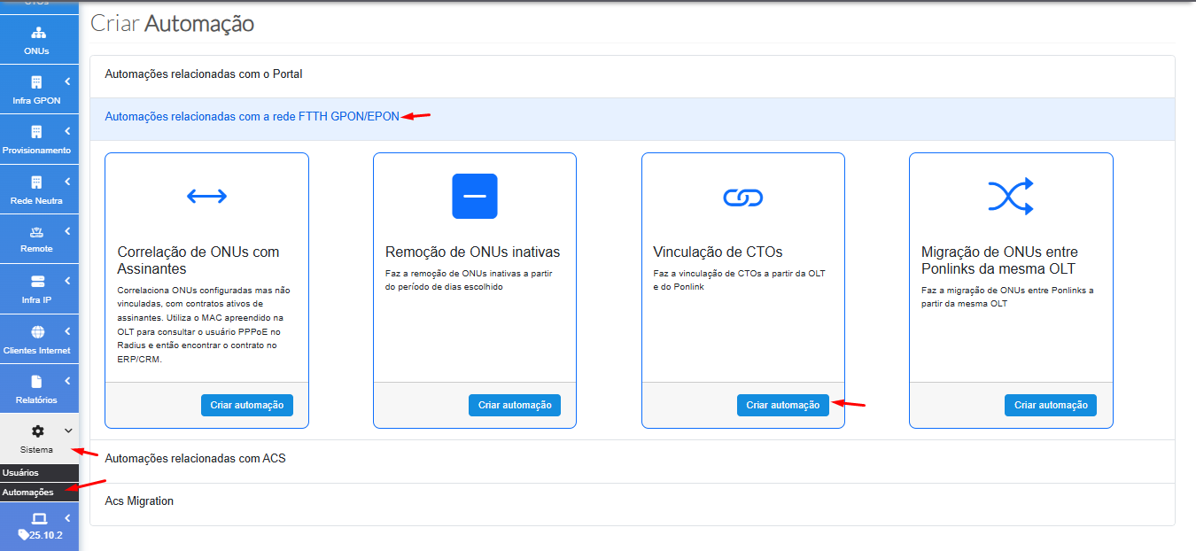 Tela inicial da automação de vinculação de CTOs