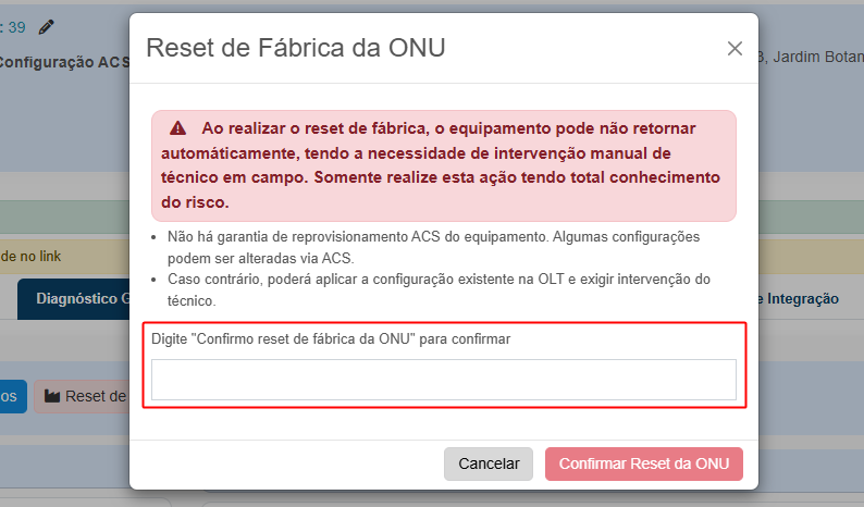 Security modal for ONU factory reset