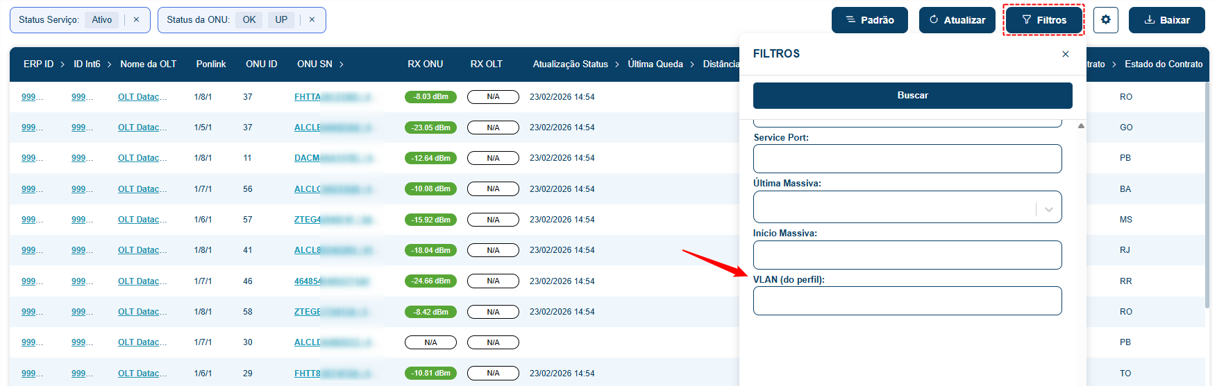 ONU Diagnostics screen