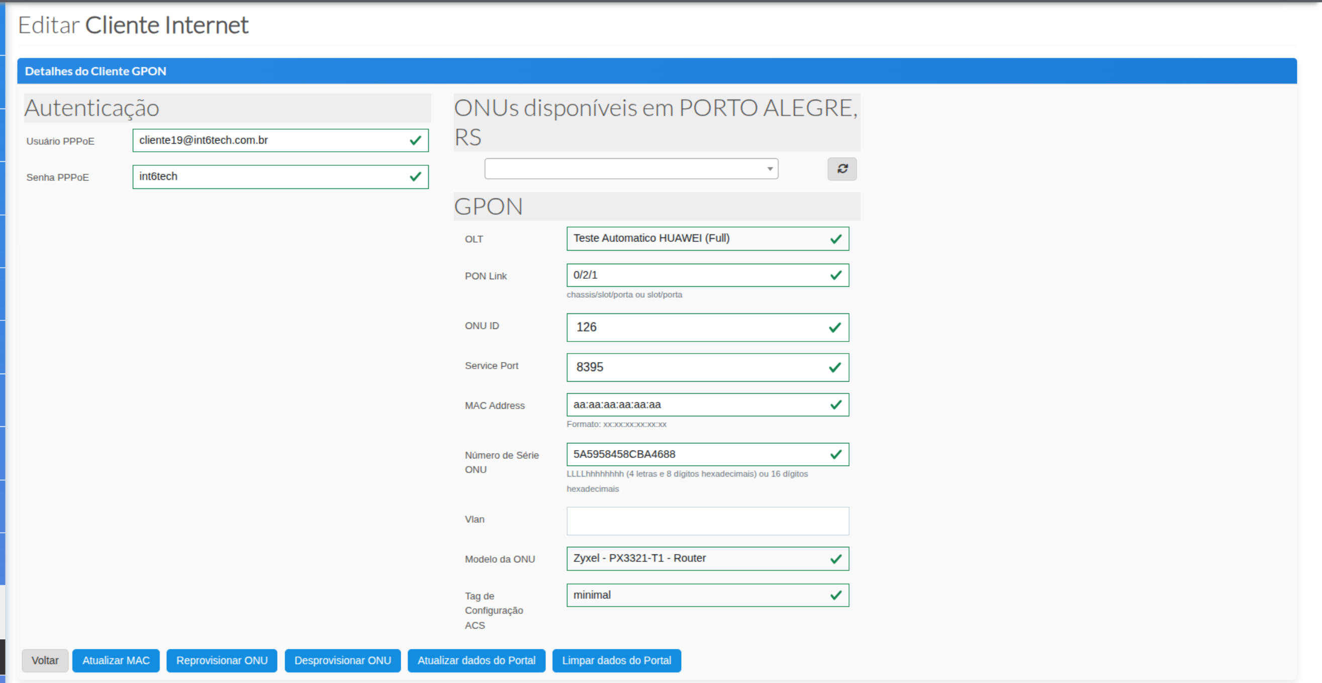 Tela Editar Cliente Internet