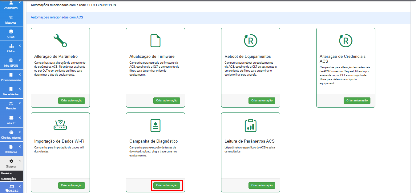 Initial screen of the diagnostic campaign automation