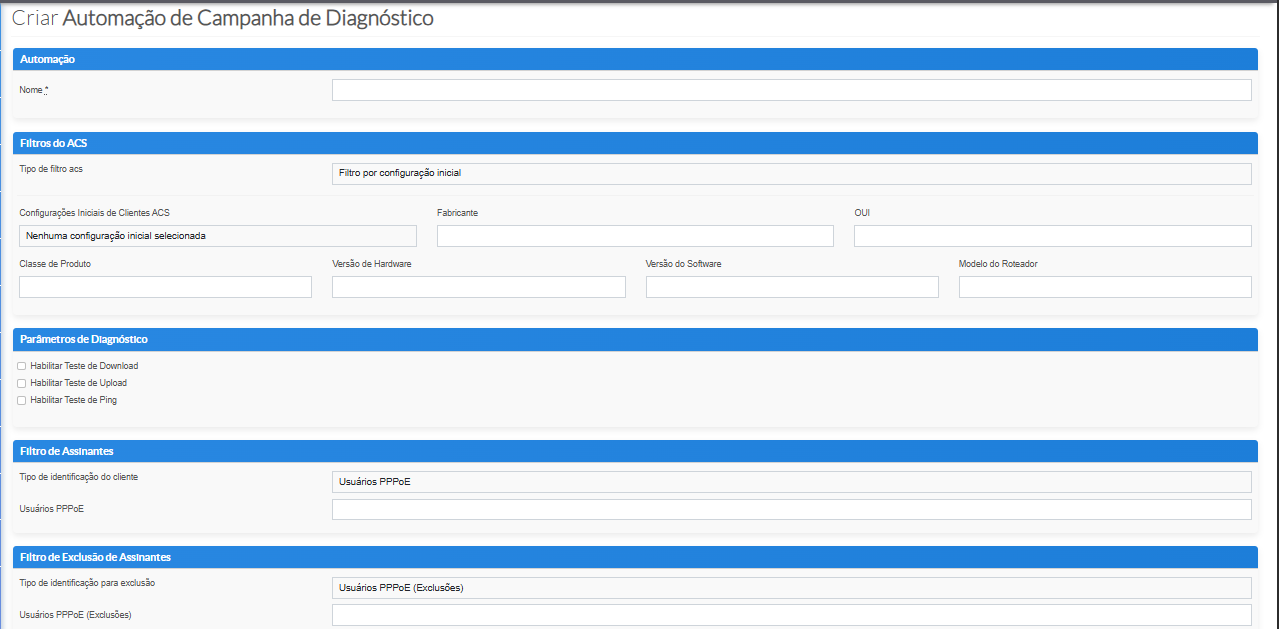 Diagnostic campaign automation configuration screen