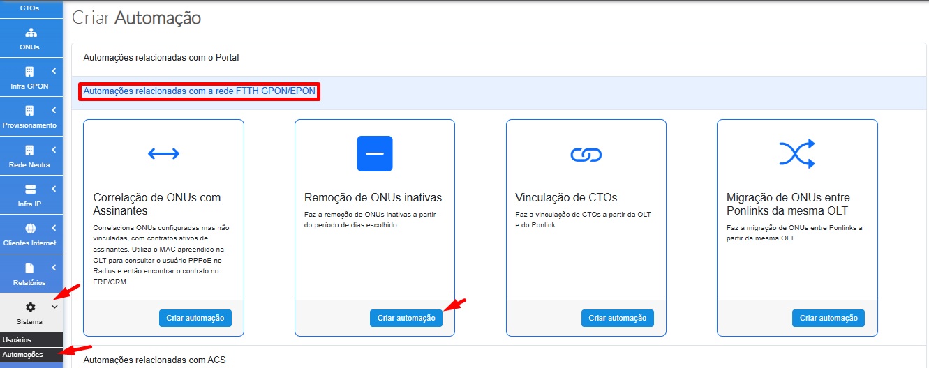 Tela inicial para criação da automação de remoção de ONUs