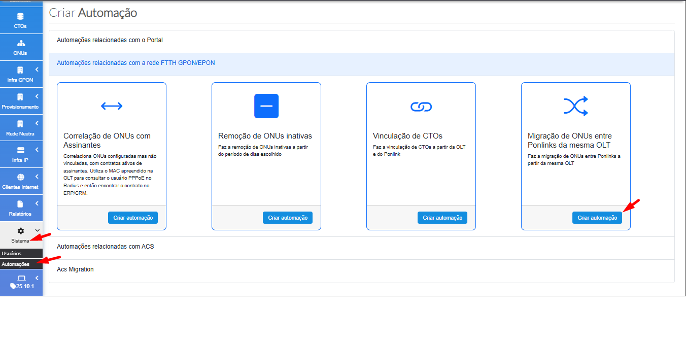 Tela inicial da automação de migração de ONUs