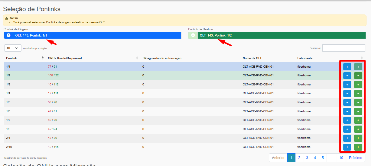 Tela de seleção de PON origem e destino