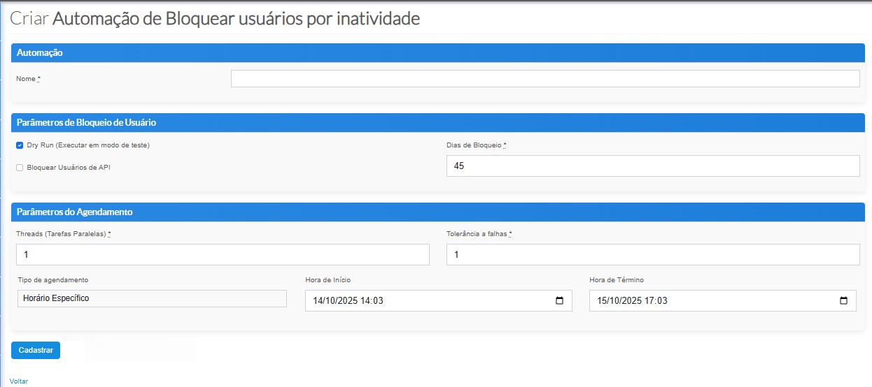 Tela de cadastro da automação