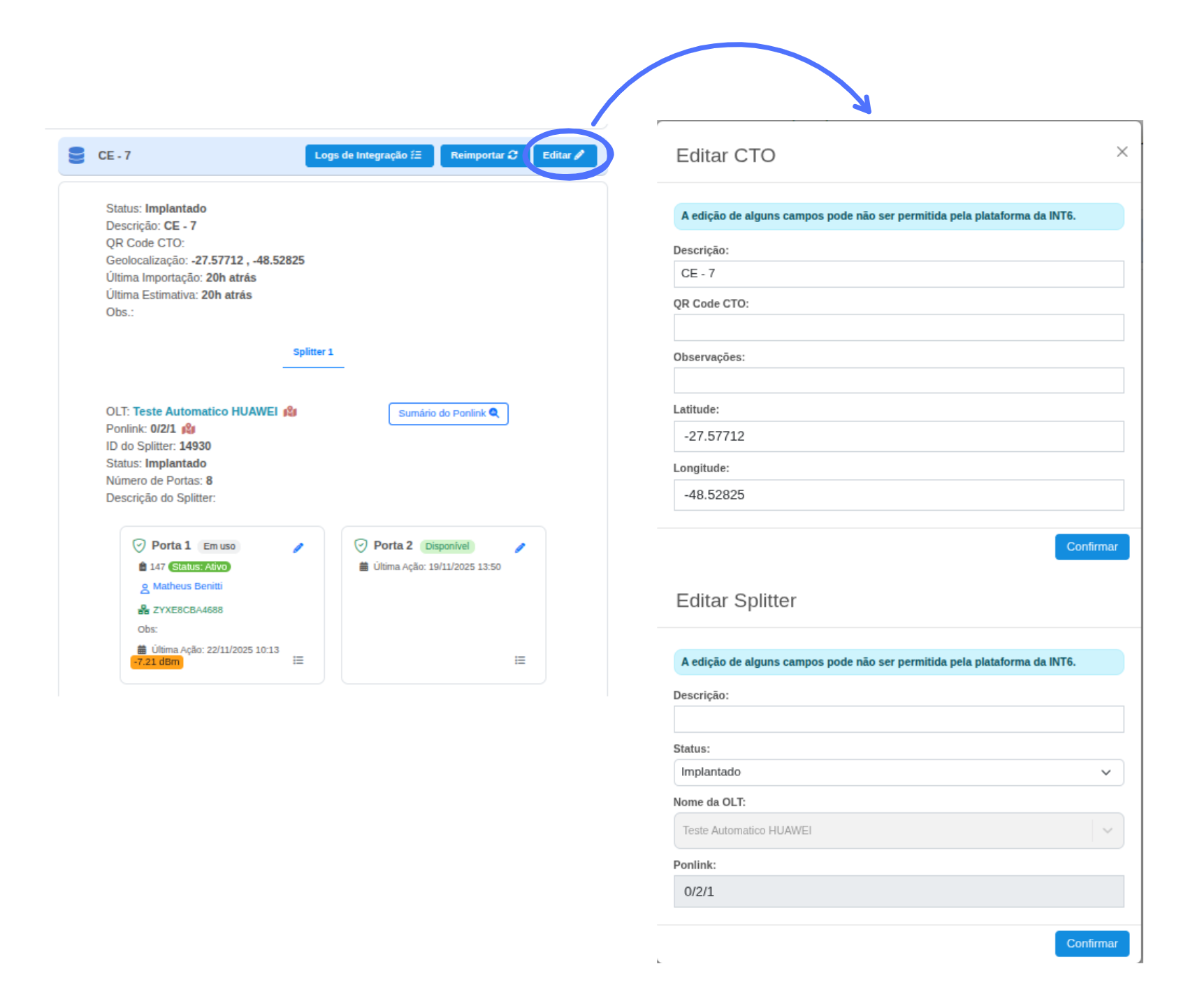 Tela de Edição de CTO e Splitter
