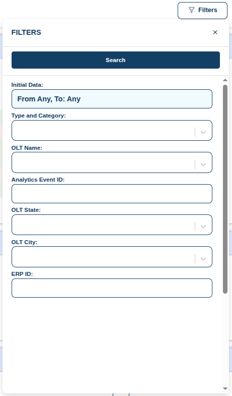 Massive Events filter panel showing the available search criteria.