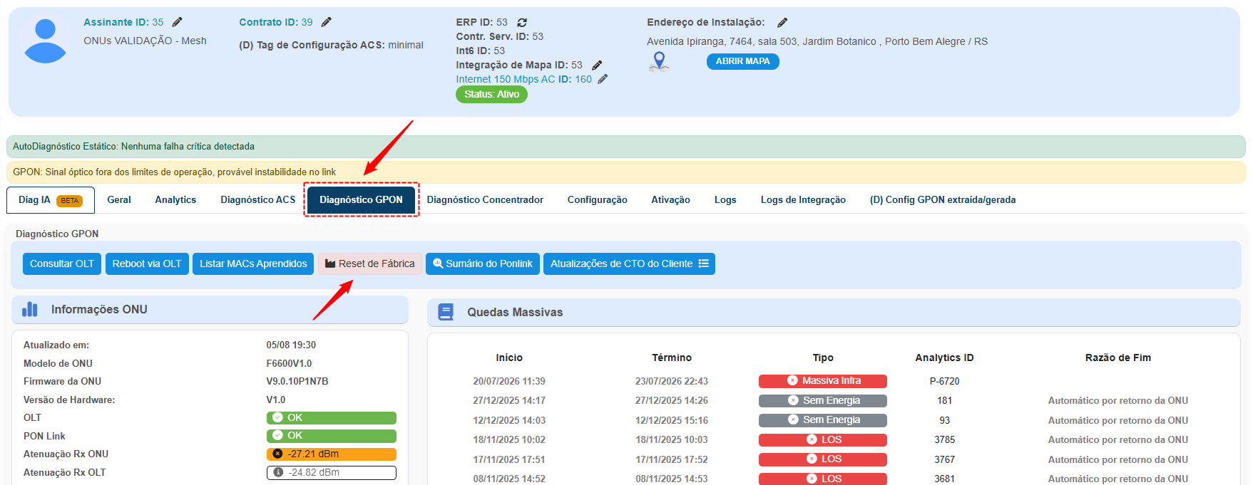 Subscriber screen, GPON diagnostics